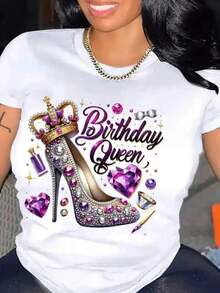 Women's Casual Sports T-Shirt Birthday Queen - Elastic Round Neck T-Shirt With Sequin Shoe Design, Machine Washable, For All Seasons, Comfortable Fit And Festive Style To Celebrate Your Birthday. - 白色 - 查看 1
