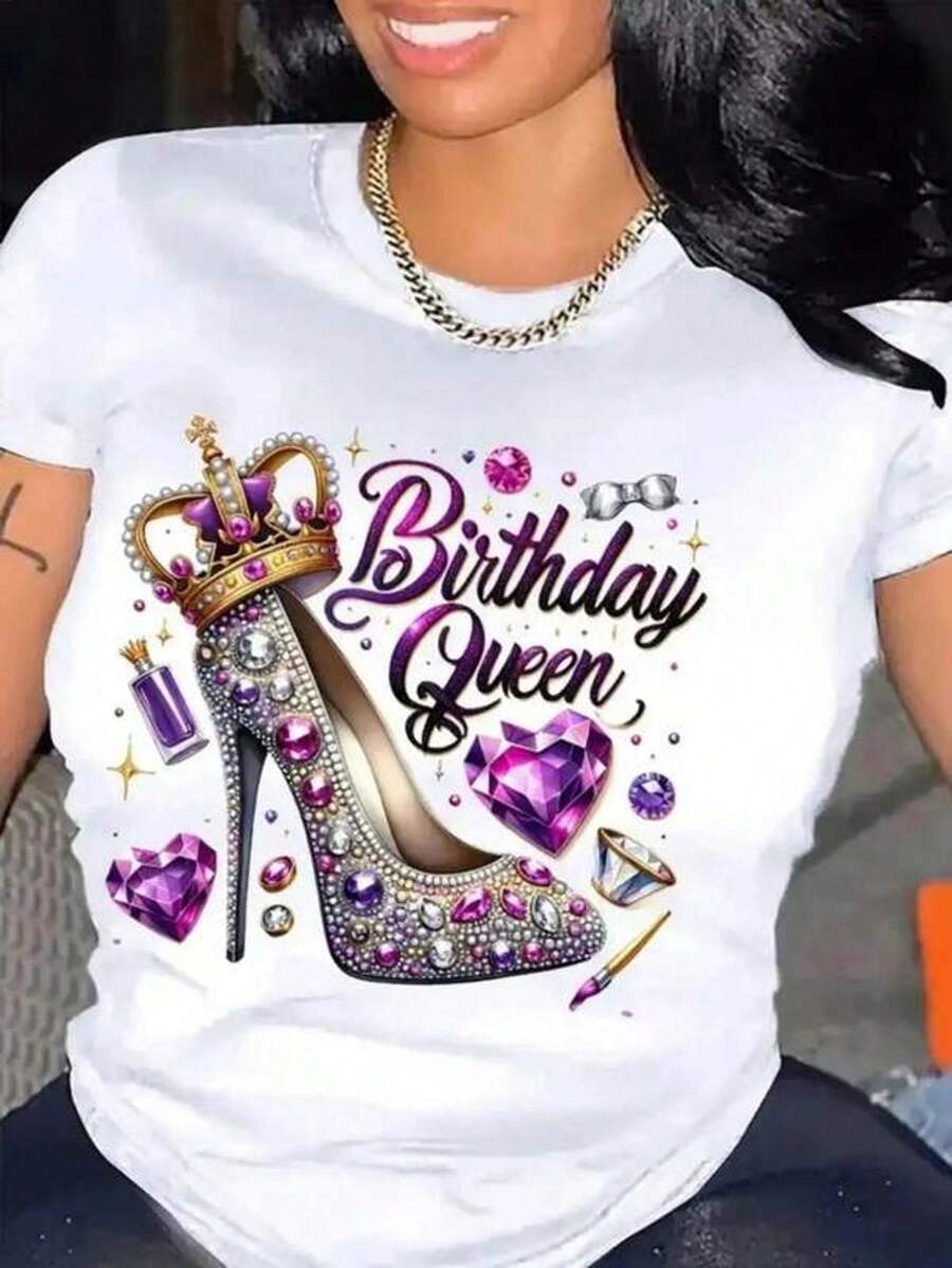 Women's Casual Sports T-Shirt Birthday Queen - Elastic Round Neck T-Shirt With Sequin Shoe Design, Machine Washable, For All Seasons, Comfortable Fit And Festive Style To Celebrate Your Birthday. - 白色 - 查看 1