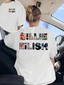 Under The RadarCamiseta gráfica para mujeres - Impresión de Billie en el frente y atrás con diseño de cabello rojo - Ropa oficial para fans de Billie - Conjunto suave para conciertos diarios - Camiseta casual para fans de Billie - Esencial de primavera/otoño/verano - Top casual elegante de Billie, ropa para fans de la música, camisa de ajuste relajado, tela cómoda, moda de primavera, top moderno, material transpirable, camiseta de manga corta, amantes de la música, camisa de diseño oficial, calidad de impresión duradera, ropa inspirada en celebridades, mujeres, tops de moda para mujeres, impresión de letras del alfabeto-Vintage Street Style Unisex Loose Cotton Short Sleeve Crew Neck T-Shirt - Blanco - Ver 1