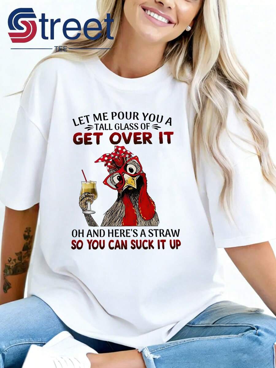 High-Quality Women's Summer T-Shirt With Funny Chicken Print And Funny Text, Fashionable Women's T-Shirt, Short Sleeve, Round Neck, Casual Style For Spring And Summer, Simple And Unique Fashionable Outfit, Perfect For Holiday Gifts And Daily Wear, Breathable And Comfortable. - 白色 - 查看 1