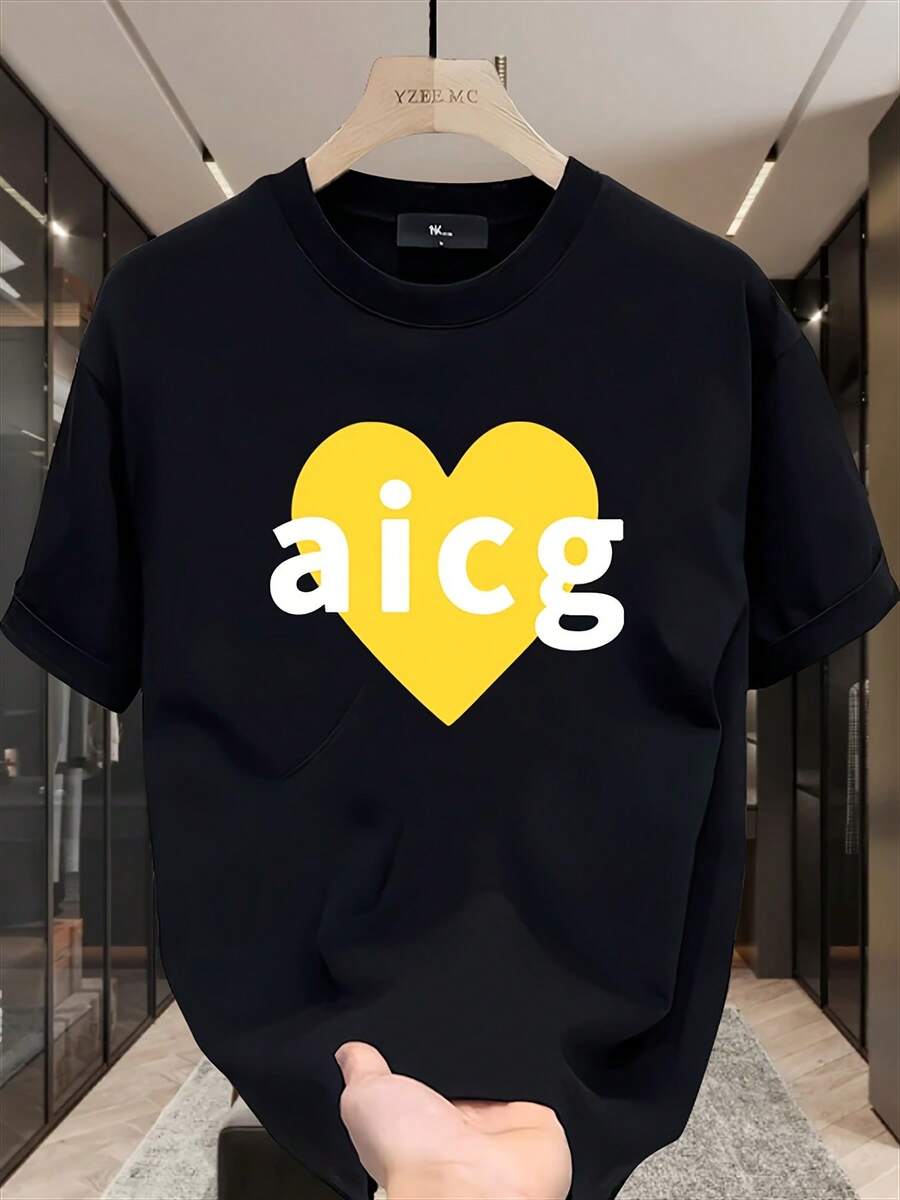 Men's Modern And Personalized Printed Short-Sleeve T-Shirt, Versatile Pure Cotton Top In Korean And Japanese Style For Summer - Unisex Loose-Fitting Short-Sleeve Crew Neck Urban Vintage Style Cotton T-Shirt. - 黑色 - 查看 1