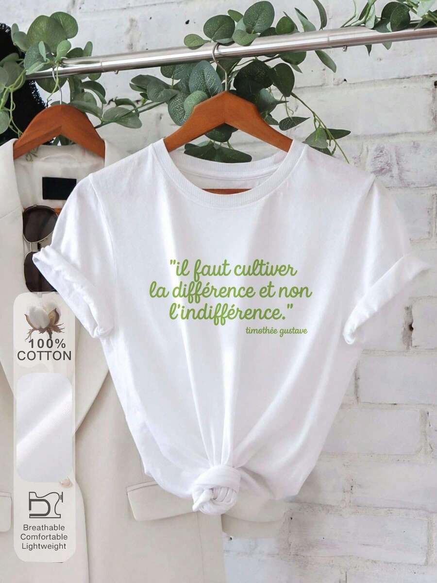 Ropa de invierno atlética y casual de una pieza para mujer, camiseta casual unisex con estampado de cita francesa para uso diario, cuello redondo, manga corta, top de moda casual, ropa elegante para fiestas, ropa navideña, regalo de Navidad, ropa de otoño, material suave, camiseta estampada, ropa casual de gimnasio que absorbe la humedad. - Blanco - Ver 1