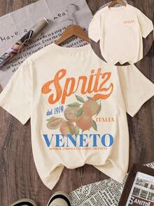 Women's Clothing, Summer Fruit Print T-Shirt, Italian Letter Print T-Shirt, Venetian Snack Print T-Shirt, Prosecco, Soft Drinks And Oranges, Women's Shirts. - 杏色 - 查看 6
