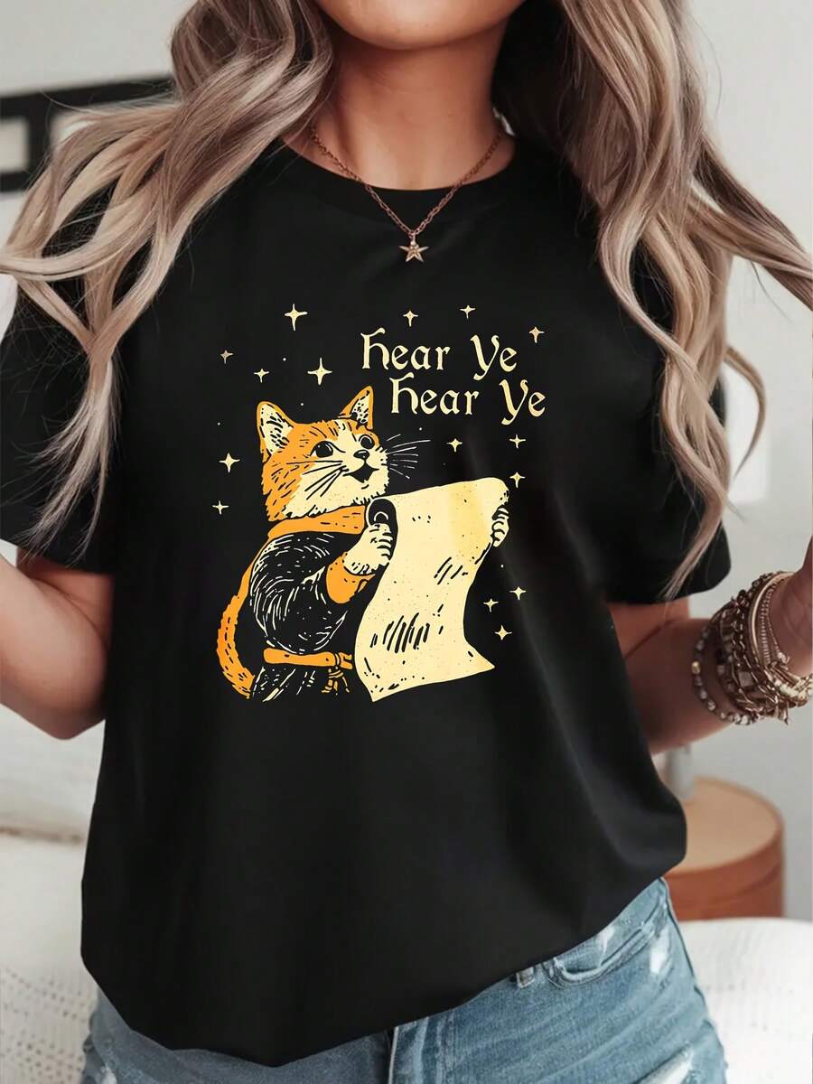 Una camiseta de mujer de manga corta, holgada, moderna, vintage y elegante, adecuada para actividades al aire libre en primavera y verano, con un divertido diseño de gato medieval, opciones de colores cómodas, ideal para mercados de Pascua, un regalo perfecto para amantes de los sueños en eventos renacentistas y un regalo medieval inspirado en castillos.blusas para mujer,blusas casuales para dama,tops,, mujer premium,y2k,playeras de mujer curvy,ofertas y liquidaciones ropa mujer,playeras deportivas para mujer,,playeras de hombre, mujer,blusas>elegante JIKH - Negro - Ver 1