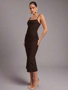 Vestido elegante de unicolor con pliegues y ajustado para mujer - Café integral - Ver 6