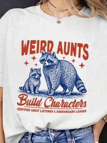 Weird Aunt Soft Character Development T-Shirt, Funny Raccoon Aunt T-Shirt, Weirdcore Aunt Sublimation, Aunt Club T-Shirt, Women's 100% Cotton Oversized T-Shirts, Women's Casual Short Sleeve Crew Neck Printed T-Shirts, 1 Piece Fashion Printed T-Shirt - 白色 001 - 查看 1