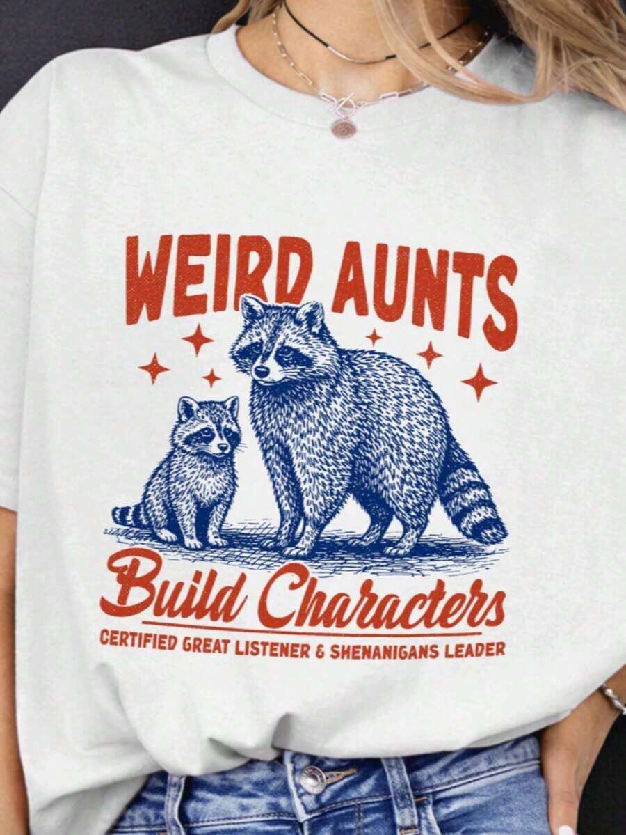 Weird Aunt Soft Character Development T-Shirt, Funny Raccoon Aunt T-Shirt, Weirdcore Aunt Sublimation, Aunt Club T-Shirt, Women's 100% Cotton Oversized T-Shirts, Women's Casual Short Sleeve Crew Neck Printed T-Shirts, 1 Piece Fashion Printed T-Shirt - 白色 001 - 查看 1