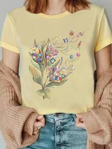 1 Funny Floral Sewing Print T-Shirt, Seed Pod Design T-Shirt With Sewing Materials, Floral Shirt With Lace And Buttons, T-Shirt For Crafters And Sewing Enthusiasts, Breathable And Machine Washable Summer Clothes For Women, Casual And Versatile Style, 180g 100% Cotton. - 白色 - 查看 9