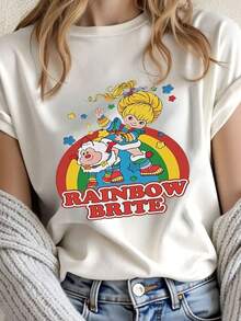 Camiseta de algodón suave de talla grande para mujer con estampado de dibujos animados de arcoíris, diseño retro vintage de los 80, lindo y nostálgico, para niños y adultos, idea de regalo, vestidos de mujer a la moda para verano, casual, perfecto para todas las estaciones, tallas S M L XL. - Blanco - Ver 8