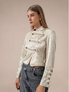 HZXVIC Women's New Elegant Temperament Stand Collar Asymmetrical Front Button Jacquard Jacket Jacket - Beige - View 8