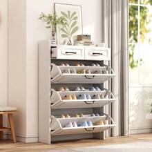 Schuhkommode mit drehbarem Schuhschrank, bestehend aus drei großen Klappen und zwei Schubladen, Holzschuhschrank, Schuhregal, Geeignet für Eingangsbereiche und Wohnzimmer - Weiß + Spanplatte - Übersicht 3