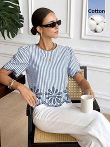Camisa de mujer de moda casual con cuello redondo, manga corta y estampado de rayas - Azul y blanco - Ver 4