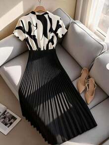 Vestido maxi elegante de diario con estampado abstracto en blanco y negro, parches y unicolor, cuello en V, manga corta, cintura marcada y bajo plisado, para mujer, adecuado para trabajo, citas y ocasiones elegantes - Multicolor - Ver 2