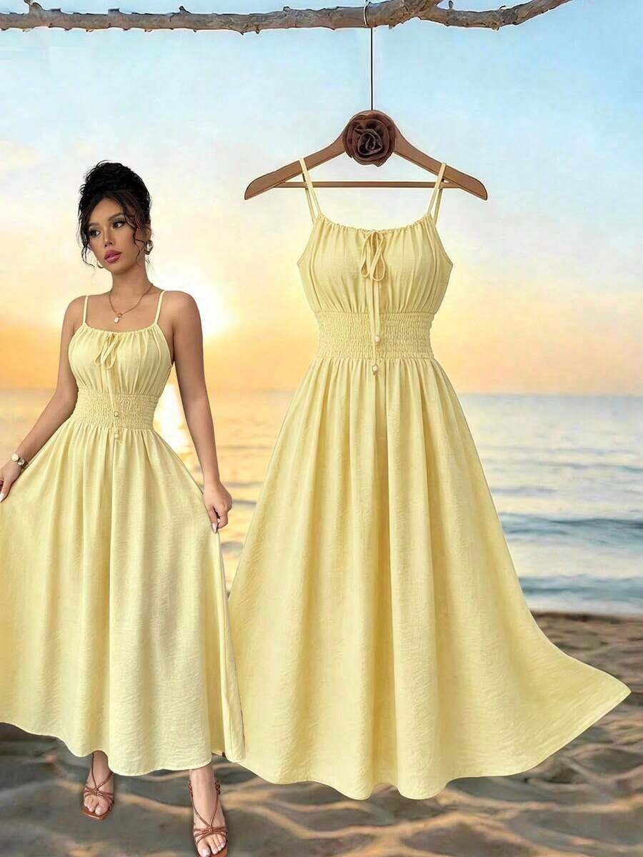 Vestido de lino con nudo en el frente, plisado en la cintura y sin mangas, color café claro, cómodo y casual, para primavera y verano - Amarillo claro - Ver 1