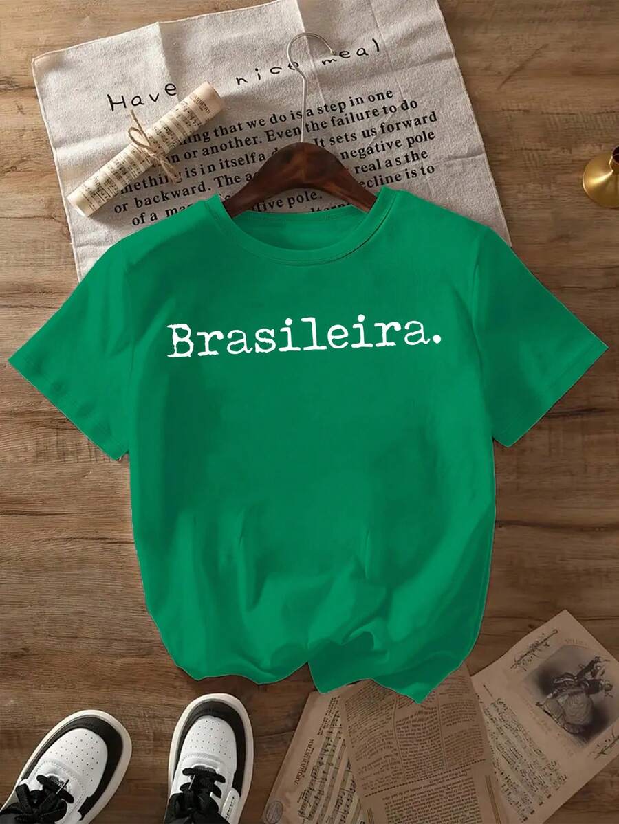 Mexican T-Shirt With MexicanBRASILEIRA Letter Print, New Round Neck T-Shirt For Spring And Summer, Women's Clothing, Cotton T-Shirt, Summer Fashion - 綠色 - 查看 1