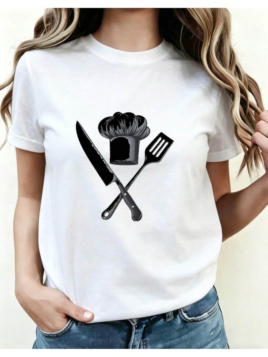 Camiseta con Estampado de Chef WoS, Camiseta con Diseño de Cuchillos y Espátulas, Lavable a Máquina, Adecuada para Uso Diario en Eventos Culinarios, Regalo Perfecto para Chefs Femeninas y Entusiastas de la Cocina. - Blanco - Ver 1