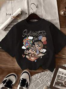 Women's Casual Short Sleeve Pilot Cartoon Print T-Shirt - 'Adventure Is Out There' Design, Crew Neck, Comfortable Fit, White, All-Season Casual Wear | Fun Graphic Tee | Comfortable Fit Graphic Tees, Men's Western Wear, Men's Shirts, Graphic Tees, Women's Clothing, Summer Tops, Summer Clothes, Graphic Tees - 黑色 - 查看 1