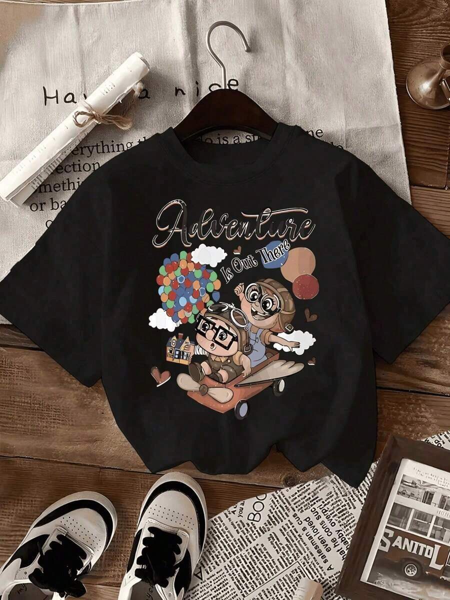 Women's Casual Short Sleeve Pilot Cartoon Print T-Shirt - 'Adventure Is Out There' Design, Crew Neck, Comfortable Fit, White, All-Season Casual Wear | Fun Graphic Tee | Comfortable Fit Graphic Tees, Men's Western Wear, Men's Shirts, Graphic Tees, Women's Clothing, Summer Tops, Summer Clothes, Graphic Tees - 黑色 - 查看 1