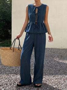 Conjunto de 2 piezas de top de tirantes finos a rayas y pantalones casuales de verano para mujer, conjunto de prendas de estar en casa - Azul marino 3 - Ver 3