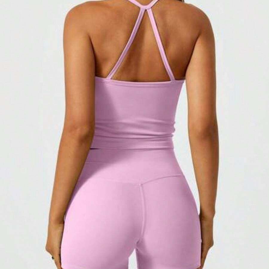 NcmRyu Women's Halter Backless Yoga Sports Seamless Butt-Lifting Fitness Set, Spring/Summer - Rosa - Ver 1