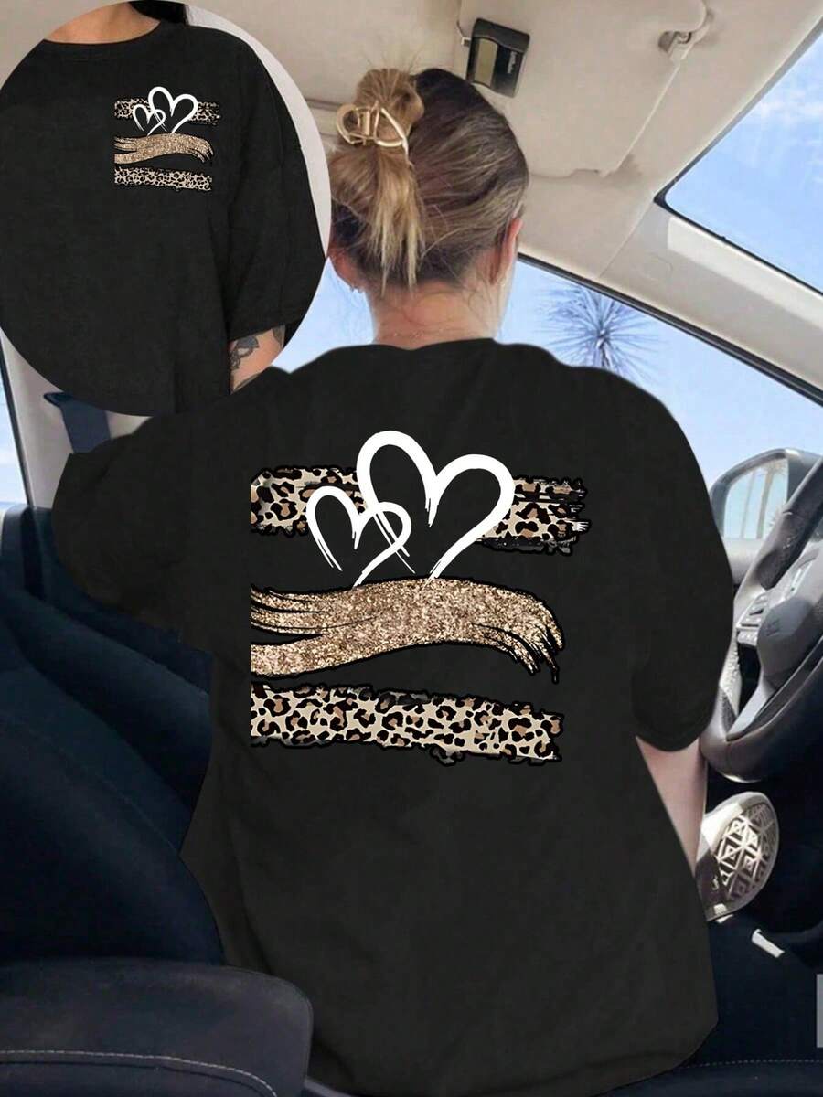 Printed T-Shirt With Designs On The Front And Back, Leopard Heart Print, Leopard Glove Print, Round Neck, Short Sleeves, And Casual Style, Double-Sided Printed Top For Women. Elegant Party Outfit, T-Shirt For Stylish Ladies, Blouses Suitable For Curvy Women, Prom Skirts, Casual Wear - 黑色 - 查看 1