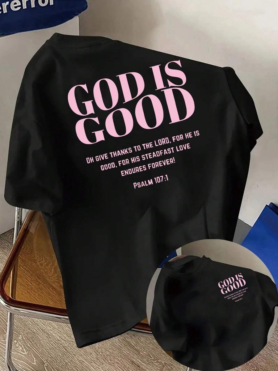 Short-Sleeved T-Shirt With Front And Back Print - "God Is Good, Thank You Lord" Print - Women's Print T-Shirt For Spring/Summer, Fashionable Item. Elegant Party Outfit, T-Shirt For Elegant Ladies, Blouses Suitable For Curvy Women, Prom Skirts, Casual Wear - 黑色 - 查看 1