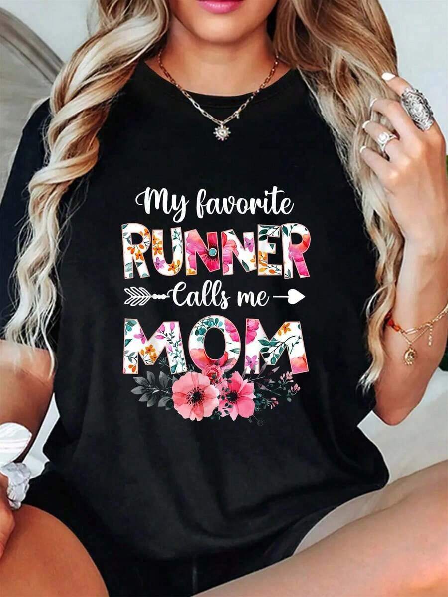 1 Piece Mother's Day T-Shirt "My Favorite Runner Calls Me Mom", Running Mom T-Shirt, Mother's Day T-Shirt, Summer Tops, Short Sleeve, Round Neck, Casual T-Shirt For Summer And Spring, Women's Clothing, 180g 100% Cotton. - 黑色 - 查看 1