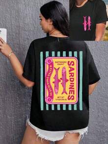 Women's Summer T-Shirt With Sardine Graphic Print, Short Sleeve, Round Neck, Casual, For Summer And Spring, Women's Clothing, Casual Short Sleeve Cotton T-Shirt For Summer Vacation - 黑色 - 查看 1