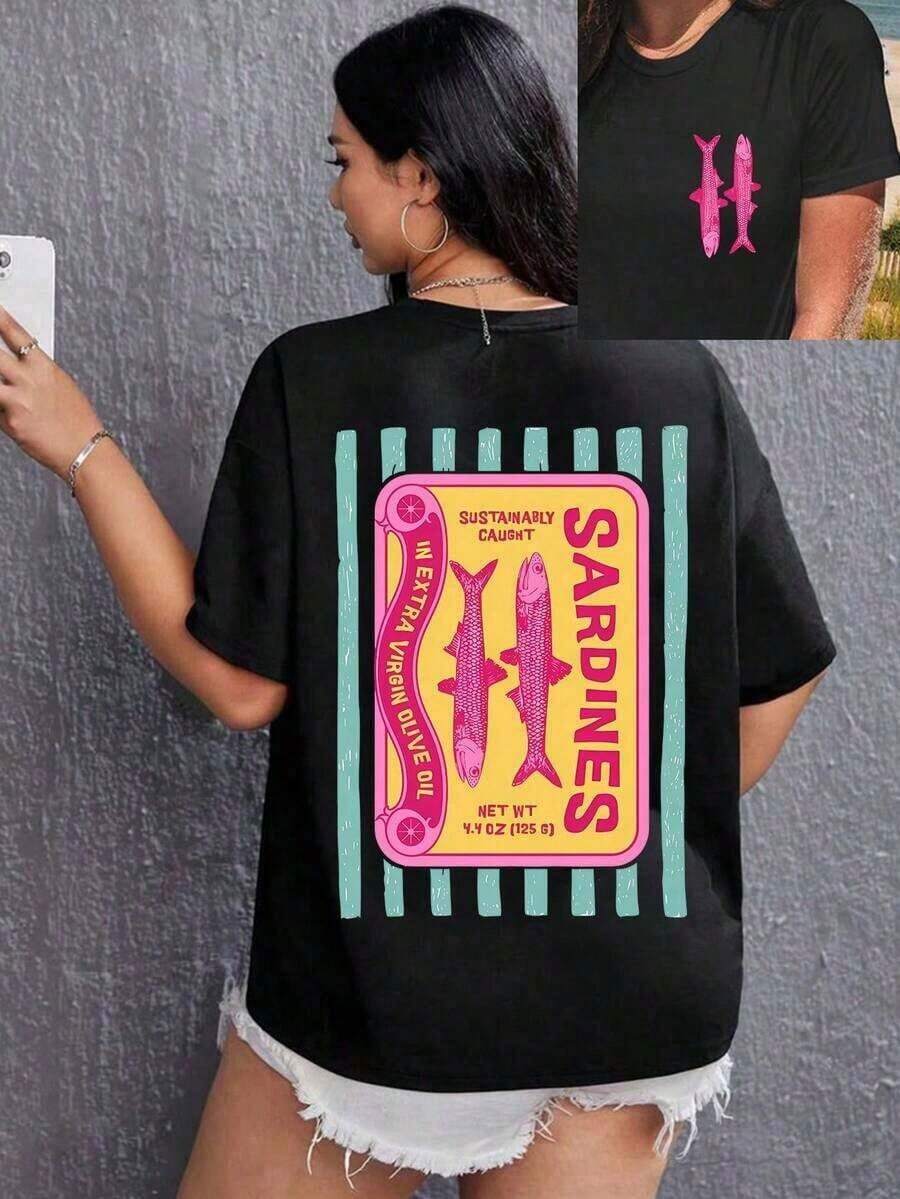 Women's Summer T-Shirt With Sardine Graphic Print, Short Sleeve, Round Neck, Casual, For Summer And Spring, Women's Clothing, Casual Short Sleeve Cotton T-Shirt For Summer Vacation - 黑色 - 查看 1