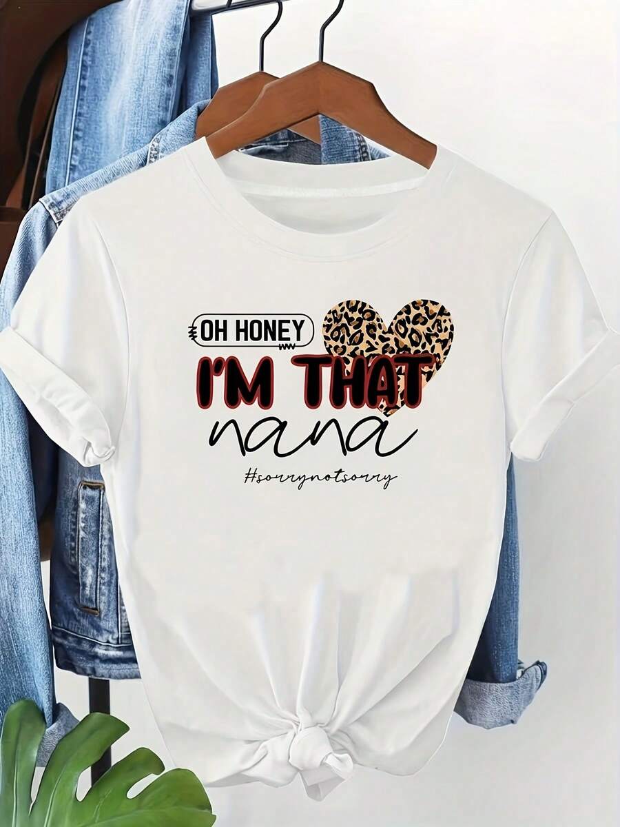 Women's Plus Size Essential Casual T-Shirt With Leopard Print, Heart And The Phrase "I'M THAT", White Short Sleeve Crew Neck T-Shirt - Machine Washable, Suitable For Spring, Summer And Autumn, Casual Style, Comfortable Fit, Modern Design, Versatile For Everyday Wear, Soft Fabric, Modern Style, Soft Cotton For Everyday Wear. - 白色 - 查看 1