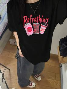Elegante camiseta estampada de manga corta para mujer, top holgado de cuello redondo versátil para la moda de verano. - Negro - Ver 2