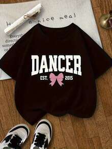 Essential180G Women's Casual Black Ballerina-Style T-Shirt, Created In 2015, With A Pink Bow Print. This Loose-Fitting, Crew-Neck, Short-Sleeved T-Shirt Is Breathable And Perfect For Summer Parties And Everyday Wear. - 黑色 - 查看 12