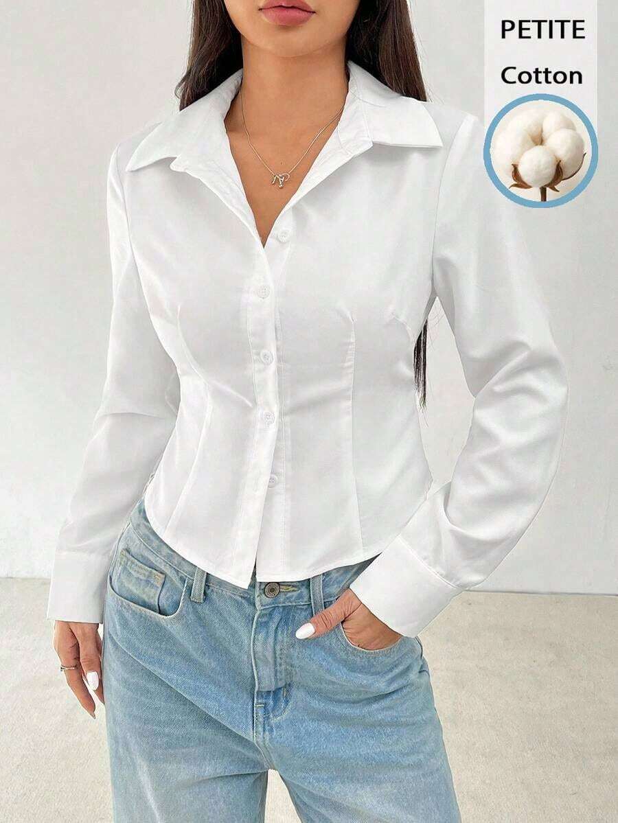 Camisa básica de manga larga informal con cintura recogida - Blanco - Ver 1