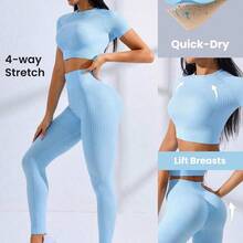 Sovereign Charm Seamless High Stretch Raglan Sleeve Sports Set Workout Women Set Women Workout Set Women Leggings Set Gym Women Outfit - Caqui - Ver 2