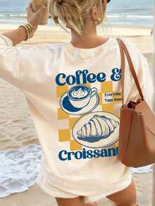 Camiseta de manga corta de mujer de verano nueva con gráfico de la letra "COFFEE", de ajuste holgado y casual, de cuello redondo, en color beige, para uso diario de moda - Albaricoque - Ver 6