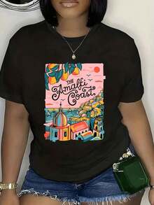 Women's Cotton T-Shirts - Casual Women's T-Shirt With  Architectural Print - Made From A Comfortable Blend Fabric, It Has A Flexible Round Neck And Comes In Size S, Easy To Machine Wash, Short Sleeves - Ideal For Spring And Summer. - 黑色 - 查看 1