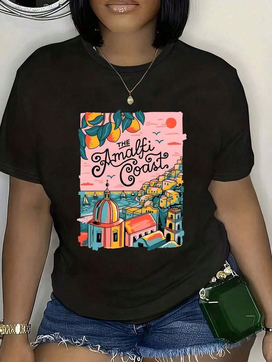 Women's Cotton T-Shirts - Casual Women's T-Shirt With Architectural Print - Made From A Comfortable Blend Fabric, It Has A Flexible Round Neck And Comes In Size S, Easy To Machine Wash, Short Sleeves - Ideal For Spring And Summer. - 黑色 - 查看 1