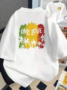 New 180g Short-Sleeved T-Shirt, 1% Cotton, With Front And Back Prints - One Love, Reggae Style - Fashionable Printed T-Shirt For Women, Your Best Choice! - Suitable For Layering In Spring And Autumn, Or Alone In Summer, Unisex Style. - White - View 6