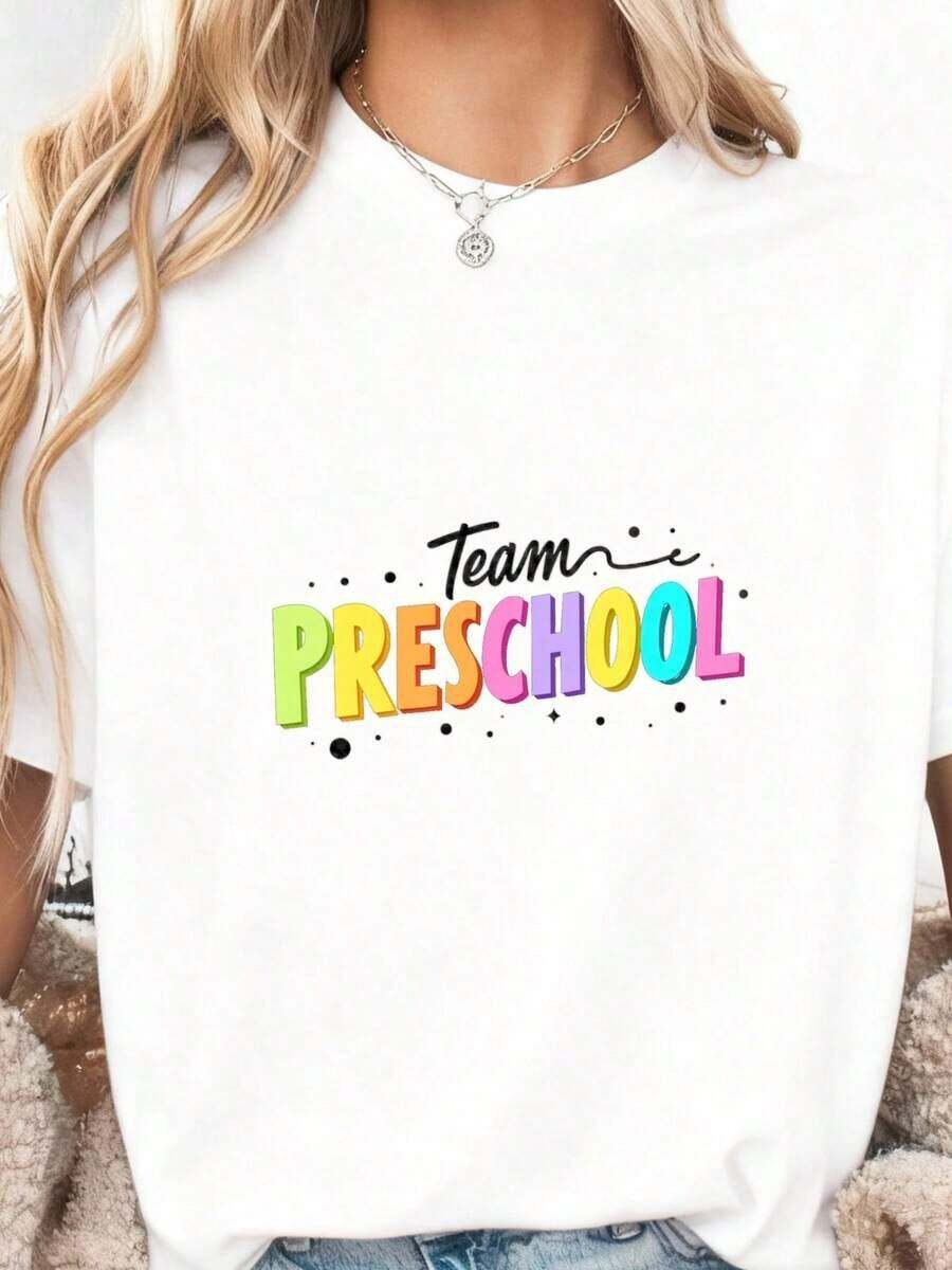 Colorful Preschool Team-Themed Graphic With Vibrant Rainbow Lettering And Arrow Details – Fun Design For Women, Ideal Gift For Preschool Teachers, Mothers, Or Early Childhood Educators, ComPure-Cotton - 白色3 - 查看 1