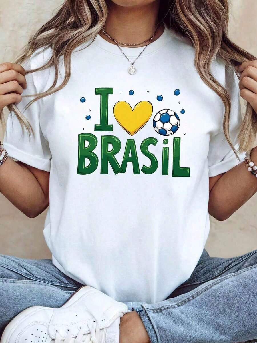 Modern And Minimalist Women's T-Shirt With "I Love Brazilian Football" Heart Print, Ideal For Watching Matches And Celebrating Holidays, Vibrant And Lively Style, Short Sleeves, Perfect For Casual Daily Wear On The Street. - 白色 - 查看 1