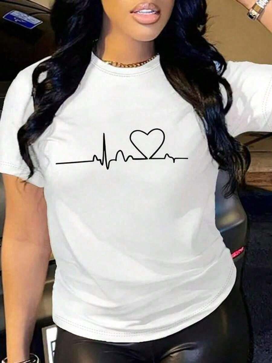 Women's Short Sleeve T-Shirt With Graphic Heartbeat Print, Modern Minimalist Style, Casual Heart Design T-Shirt, Summer Top, Minimalist Aesthetic For Daily Wear And Valentine's Day Gift, Casual For Everyday. - 白色 - 查看 1