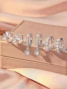 Bộ 6 chiếc/Bộ hoa tai đá Zirconia đồng thanh lịch tối giản, hoa tai vòng nhiều thành phần thời trang, quà tặng trang sức đa năng cho Ngày của Mẹ - Bạc - Xem 7