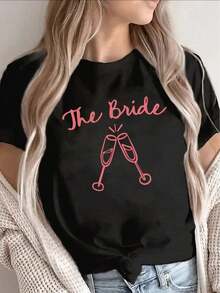 Soft, Breathable, And Lightweight For All-Day Comfort. This Lightweight Yet Durable Short-Sleeve T-Shirt Features A Bridal Design With Pink Champagne Glasses, Perfect For Weddings, Bridal Wear, And Also A Great Choice For Bachelorette Parties And Receptions. The Classic Crew Neck And Relaxed Fit Flatter All Body Types And Are Easy To Pair With Jeans, Shorts, And Leggings. - 黑色 - 查看 1