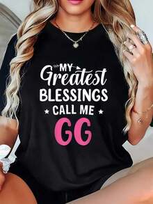 Women's T-Shirt 1pc Black T-Shirt With "The Greatest Blessings Call Me GG" Print For Women, Round Neck, Casual T-Shirt, Medium Elasticity Knit Fabric, Regular Fit For Ladies, For Spring/Summer/Autumn, Everyday Casual. - 黑色 - 查看 6
