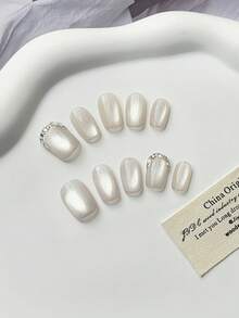 10 Móng Tay Giả Kim Cương Chấm Trắng Mắt Mèo Chất Lượng Cao, Làm Thủ Công, Có Màu Trắng Tự Nhiên, Hình Vuông Cao Cấp, Thích Hợp Cho Các Cô Gái Và Phụ Nữ Đeo Trong Các Buổi Tiệc Khiêu Vũ Và Các Buổi Gặp Gỡ. Móng tay giả được tặng kèm keo dán dạng gel và miếng dán bảo vệ. - trắng - Xem 10
