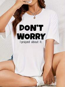 Women's Cotton Crew Neck Casual T-Shirt - A Plus-Size Casual T-Shirt For Women With The Phrase "Don't Worry" Printed On It - Polyester Knit Fabric, H-Shaped Cut, Short Sleeves, Crew Neck, Pullover Style, Suitable For All Seasons. Simple T-Shirt For Everyday Wear. - 白色 - 查看 1