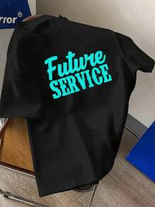Camisetas de hombre de talla grande 100% algodón con estampado "Future Service", cuello redondo, manga corta, cómodas y casuales para el verano, TALLA GRANDE. - Negro - Ver 6