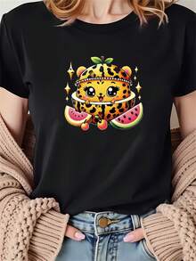 Women's T-Shirt With A Beautiful Leopard Print And Watermelon And Fruit Motifs, Black Short-Sleeved Round Neck T-Shirt - Machine Washable, Suitable For Spring, Summer And Autumn, Casual Style, Comfortable Fit, Modern Design, Versatile For Everyday Wear, Soft Fabric, Style A - Unisex Cotton T-Shirt, Short Sleeve, Round Neck, Urban Vintage Style. - 黑色 - 查看 7