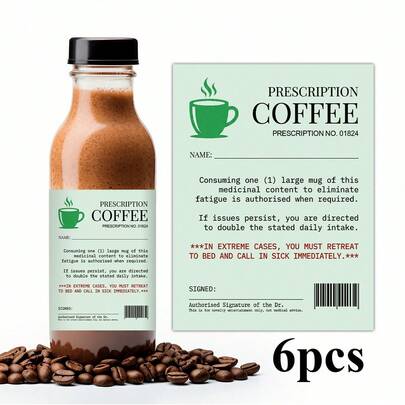 6pcs Funny Prescription Coffee Stickers - Humorous Medical Theme Writable Coffee Jar Labels Stickers, Joke Prescription Coffee Cup Decals - Novelty Gag Gifts For Coffee Lovers