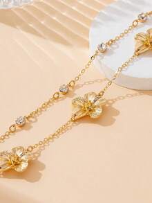1pc Shiny Glowing Summer Beach Vacation Stylish Gold Textured Plumeria Flower Double Layer Anklet For Women - Yellow Gold - View 4
